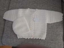 Handmade crochet knit newborn baby cardigan and pull-on hat 16" chest