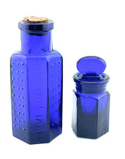 Antique Cobalt Blue Stopper 5.7cm Smelling Salts & Triangle 8.5cm Poison Bottle
