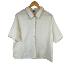 Penny Plain Linen Cotton Shirt Size 18 Short Sleeve Vintage Blanket Stitch