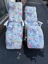 Retro Sun Loungers Recliners “bemico” White Metal & Plastic Slatted Thick Floral