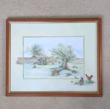 Vintage Glenda Rae Framed Print Depicting Hens In Orchard H45 W55 cm