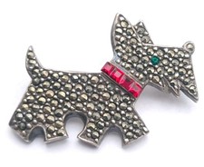Silver Scottie Dog Brooch Marcasite Red Scottish Terrier Sterling Art Deco Style