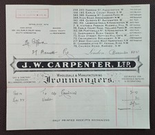 1915 J. W. Carpenter Ltd Ironmongers Earl’s Court Road London Invoice