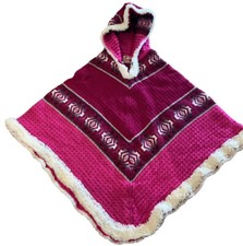 Poncho 100% Wool Hooded Handmade Milmarte Ecuador Andes Magenta CreamTrim 40x28”