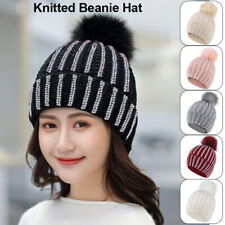 Winter Lady Knitted Beanie Hat Diamond Faux Fur Pom Pom Bobble Hat Warm Fashion