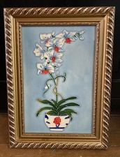 Vintage Framed Hand Crafted/Painted Tube Lined Ceramic Wall Plaque - Orchid