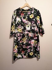 F&F Tesco black floral fitted dress upper knee length 3/4 sleeve UK size 10
