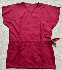 Vintage Nurse Uniform Self Tie Drawstring Scrub Tunic Top Burgundy, New/Unworn