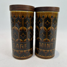 Vintage Hornsea Brown Heirloom Tall Spice Herb Jars Mint And Sage 70’s
