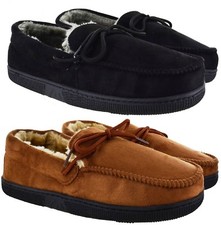 MENS NEW GENT WARM FLEECE WINTER MOCCASIN FLAT HARD SOLE SLIPPERS SHOES UK SIZES