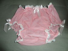 ABDL PINK NOISY PLASTIC NAPPY PANTS WHITE MULTI  LACE TRIM SATIN BOWS M/L