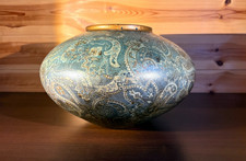 Large Vintage Paisley Print Bowl Planter Clay Teal and Turquoise Jardiniere