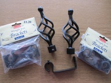 5 x Black Wrought Iron Curtain Pole Brackets and 2 x Open Cage Finials