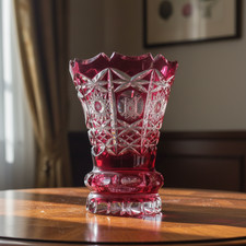 Vintage Bohemian Czech Glass Vase Gold Ruby Crystal Queen Lace Pattern 5 inch ht