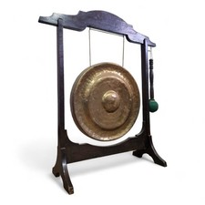Antique vintage large freestanding brass dinner gong on stand with striker