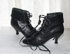 Vintage 80s Black Leather Witch Boots NWOB 5.5B Lace Up Granny Pointy Toe NARROW