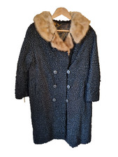 Curly Persian Lamb Coat Jacket 10 12 14 Vintage Fur Collar Black Dark Brown Long
