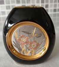 24k Gold And Silver Etched Japanese Chokin Blue Vase. Hummingbird And Flowers.