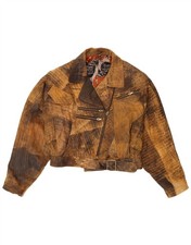 VINTAGE Womens Leather Biker Jacket UK 14 Medium Beige Tie Dye FX01