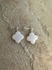 Mother of Pearl Shell Clover Solid 925 Sterling Silver Stud Earrings