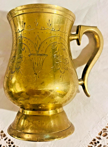 Vintage etched brass tankard - brass, ~
