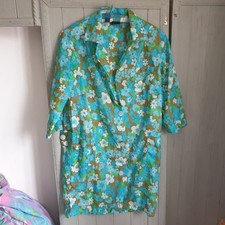 Vtg 60s House Coat Full Apron Psychedelic Blue Floral Pockets Nylon