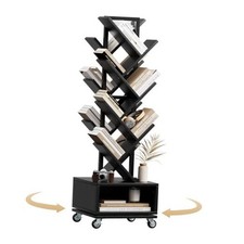 7 Tier Double Sided Rotating Tree Book Shelf, Floor Standing Wood Black