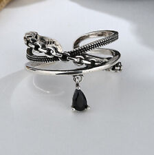 925 Sterling Silver Black Crystal Chain Adjustable Ring Womens Girls Gifts