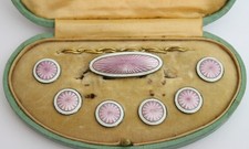 Sterling silver guilloche enamel buttons and brooch set in original box 1910