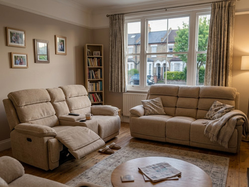 Beige fabric power recliner - power,
