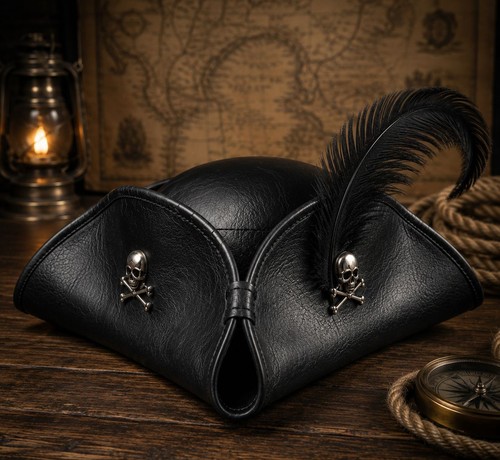 Black leather pirate tricorn - black,