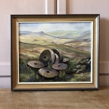 Vintage Peak District Mill Stones Landscape Oil Painting