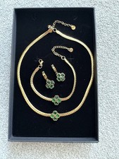 18k Gold Plated Emerald Green And Gold Four Leaf Clover Jewellery Set New Boxed