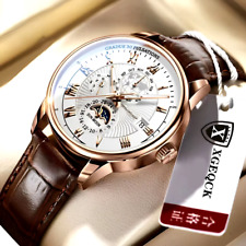 Luxury Mens Leather Watch Water Resistant Luminous Chronograph Quartz Wristwatch
