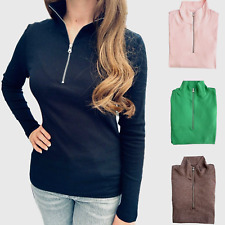 Ladies Marks Ribbed Top Zip High Neck Long Sleeved Black Green Cotton T-shirt