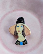 Ceramic brooch lady hat - brooch,