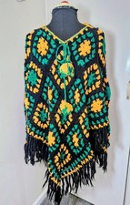 Poncho Crochet Black Yellow Green One Size Tassels Women's