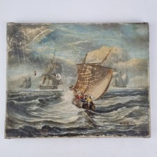Antique 19thC Oil On Canvas Seascape Figures On Boat Ships Signed "Collier"