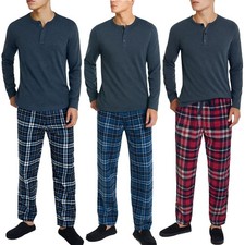 Mens Soft Flannel Pyjama Set Henley Top Loungewear Two Piece Nightwear PJs