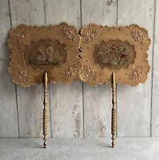 Antique Pair Georgian Face Screens Giltwood Needlework Embossed Card Facescreen
