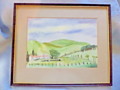 Framed water colour cottage - water,