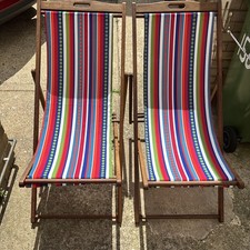 Pair Of Modern Deck Chairs Folding Wooden Frame  Seat Red Blue Green Orange 