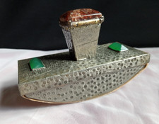 Antique Vintage Arts & Crafts Planished Pewter Ink Blotter Rocker Green Cabochon