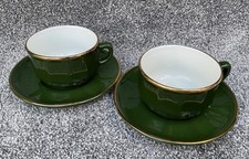 Two Large Bistro Green and Gold Porcelain Coffee Cups and Saucers. (Apilco).