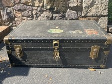 Vintage Black Steamer Trunk 36 x 21 x 13 Brass Finish Hardware Travel Stickers