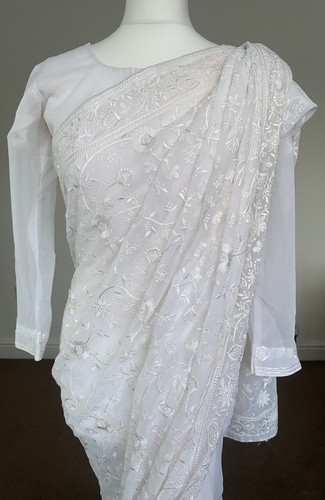 White embroidered saree floral - saree,