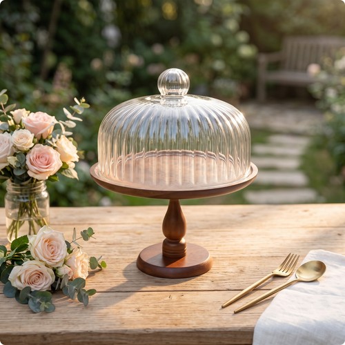 Cake stand with dome - cake, ribbed