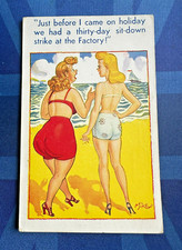 Saucy MIKE Comic Postcard 1940s BBW Beach Bikini Bottom 30 DAY SIT DOWN STRIKE