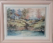 Vintage Jan Ward Calaski Framed Print  Lakeside Cottage H:46cm x W:57cm