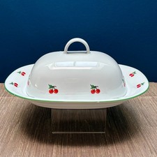 ? French White Cherry Motif Porcelain Butter Dish & Dome Lid French Farm Decor